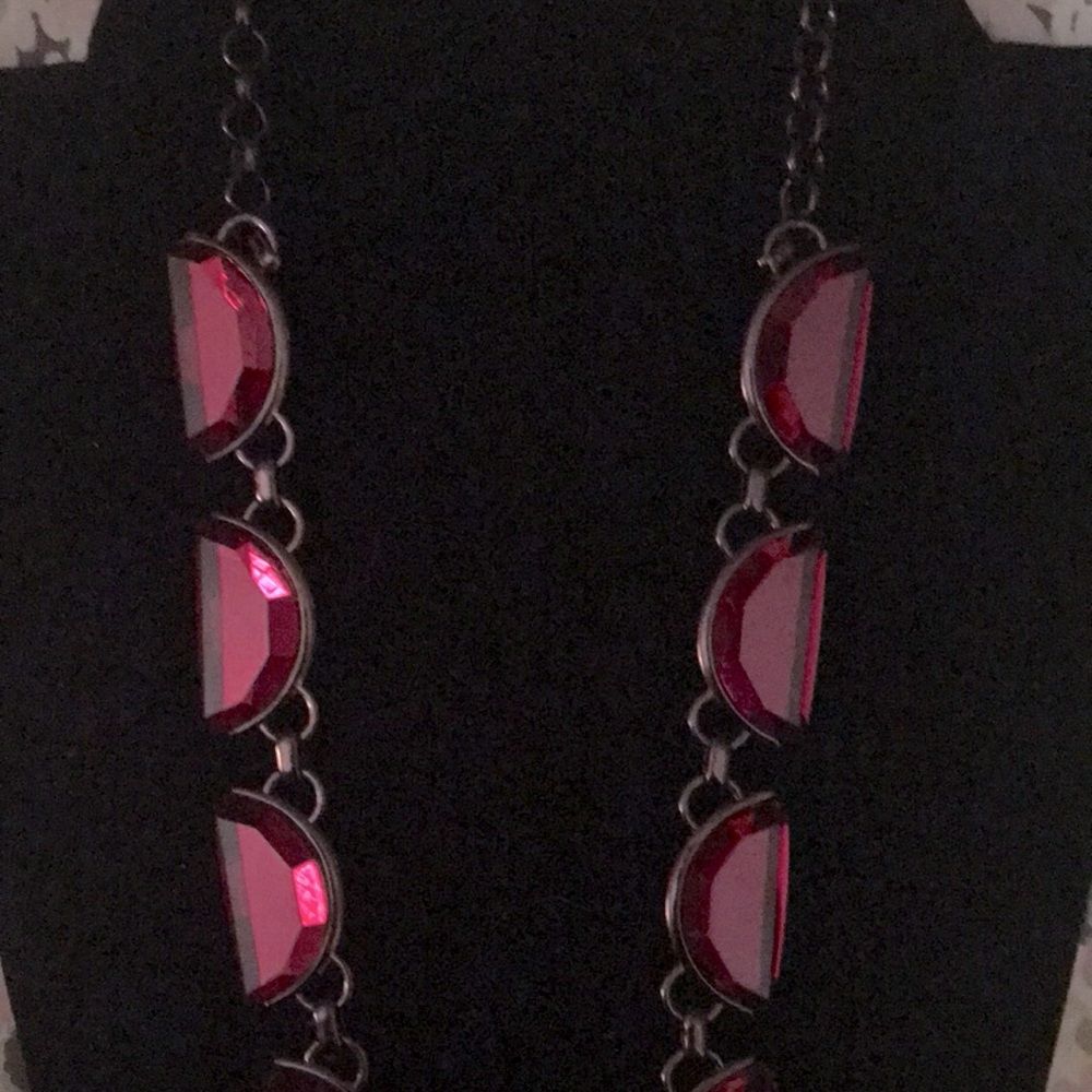 Crescent Red Gem Long Necklace